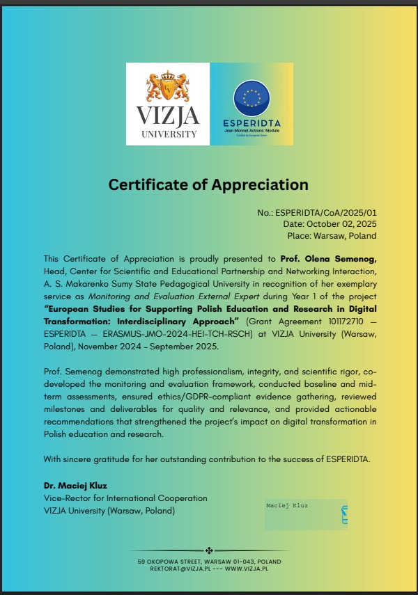 Image for π ESPERIDTA Team Recognizes Prof. Olena Semenog β Certificate of Appreciation ποΈ