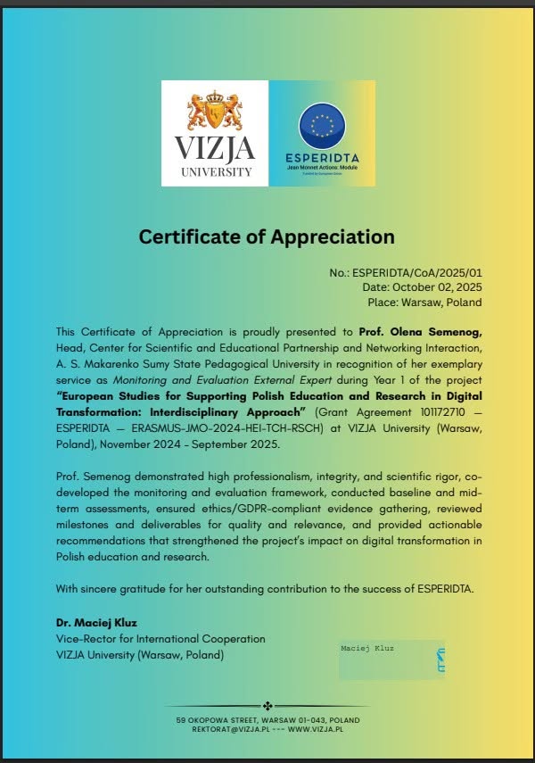 Image for 📌 ESPERIDTA Team Recognizes Prof. Olena Semenog — Certificate of Appreciation 🎖️